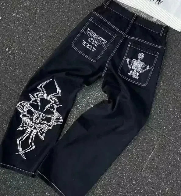 Y2Kสีดำหลายกระเป๋าCargoกางเกงยีนส์ผู้ชายผู้หญิงขากว้างDistressed Frayed Hem Flapกระเป๋าปุ่มรายละเอียดBaggy Streetwearกางเกง — image 7