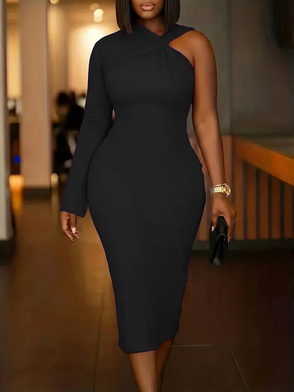 Elegantes lila One-Shoulder-Kleid in Übergröße mit asymmetrischem Ärmeldesign für jeden Anlass — image 8