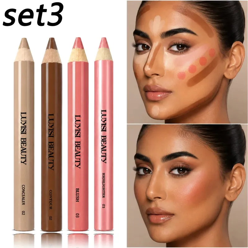 4 pièces/ensemble stylos de maquillage pour le visage correcteur + Contour + Blush + surligneur imperméable à l'eau couverture constructible velours mat et perle brillant-nourrissant.