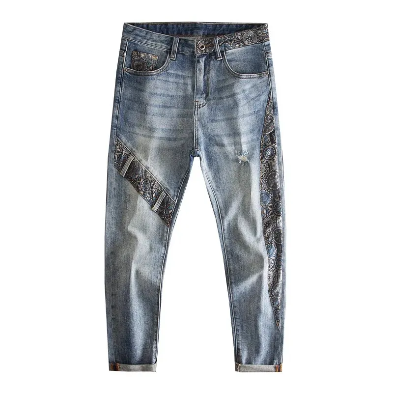 Vintage-Patchwork-Jeans für Herren mit Rissen, modischer Aufdruck, einzigartige, trendige High-End-Röhrenhose mit schmaler Passform — image 5