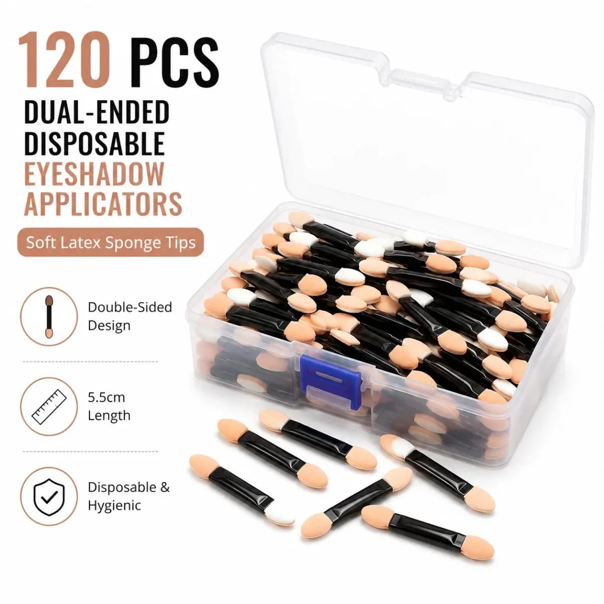 120 ชิ้นทิ้งสองด้านอายแชโดว์ฟองน้ำ Applicators ที่มีความยาวคอนเทนเนอร์แปรงอายแชโดว์แต่งหน้า Applicator — image 1