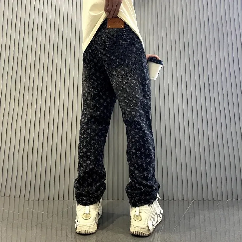 Jacquard Pattern Denim Pants Male Straight Fitting Baggy Bottoms Distressed Wide Jeans For Men — image 2
