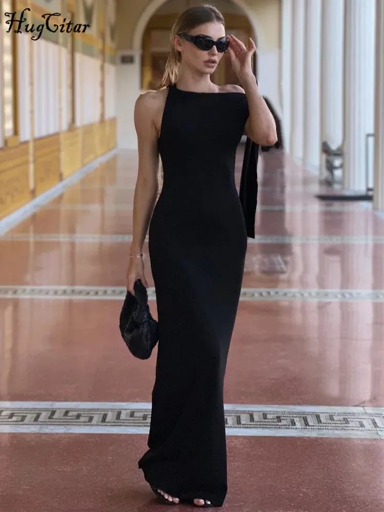 Hugcitar moda solidna O Neck bez rękawów Patchwork seksowna Bodycon Maxi sukienka na studniówkę letnie ubrania damskie Party Festival Club Y2K — image 5