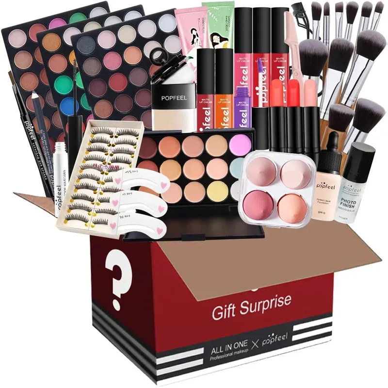 Dárková sada na make-up All-in-One s paletou očních stínů Foundation Lip Gloss štětce na oční linky a další kosmetické dárky