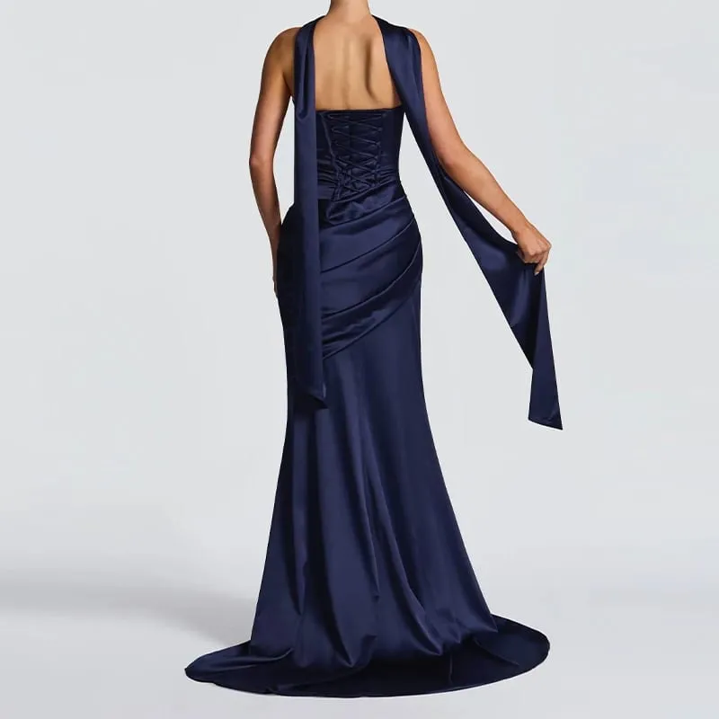 Women Sexy Pleated Strapless Satin Dress Chic Solid Off-Shoulder Backless High Waist Bodycon Dresses 2026 New Evening Party Gown — image 7