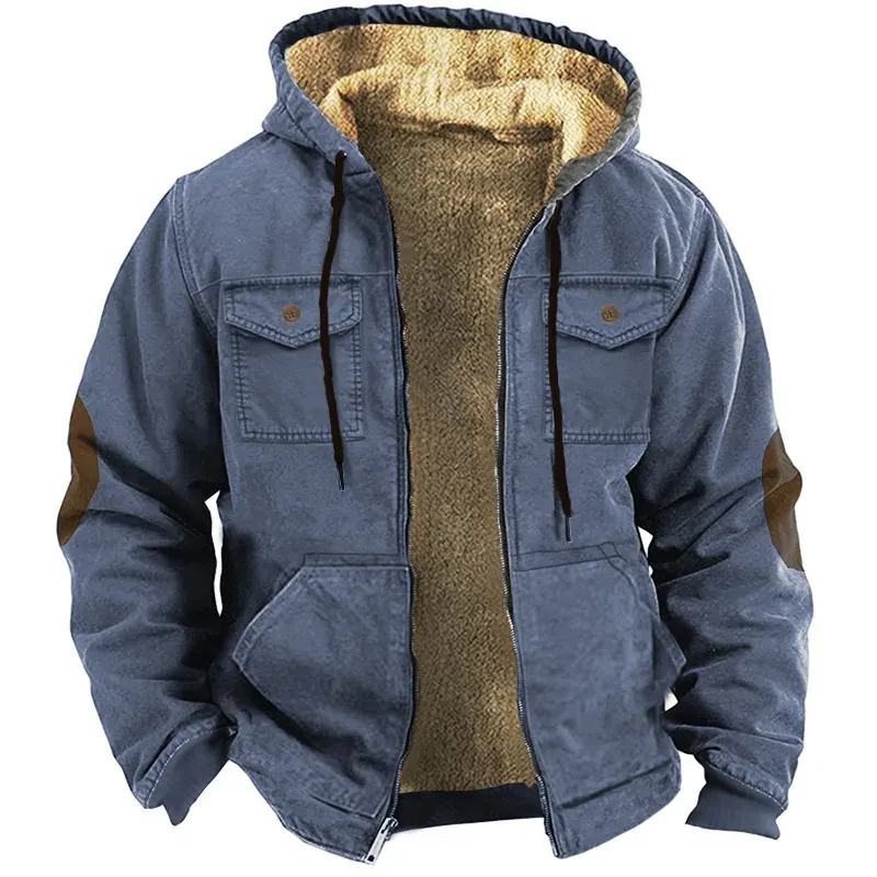 Men's Winter Fleece Hoodies Solid Patchwork Fashion Hooded Windbreaker Jacket Male Loose Work Wear Clothes Sweatshirt Outwear — image 16