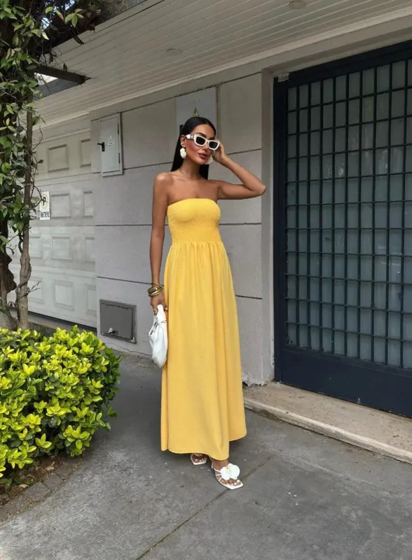 Robe longue sans bretelles, couleur unie, épaules dénudées, cintrée à la taille, pour femmes, nouvelle mode d'été 2026 — image 8