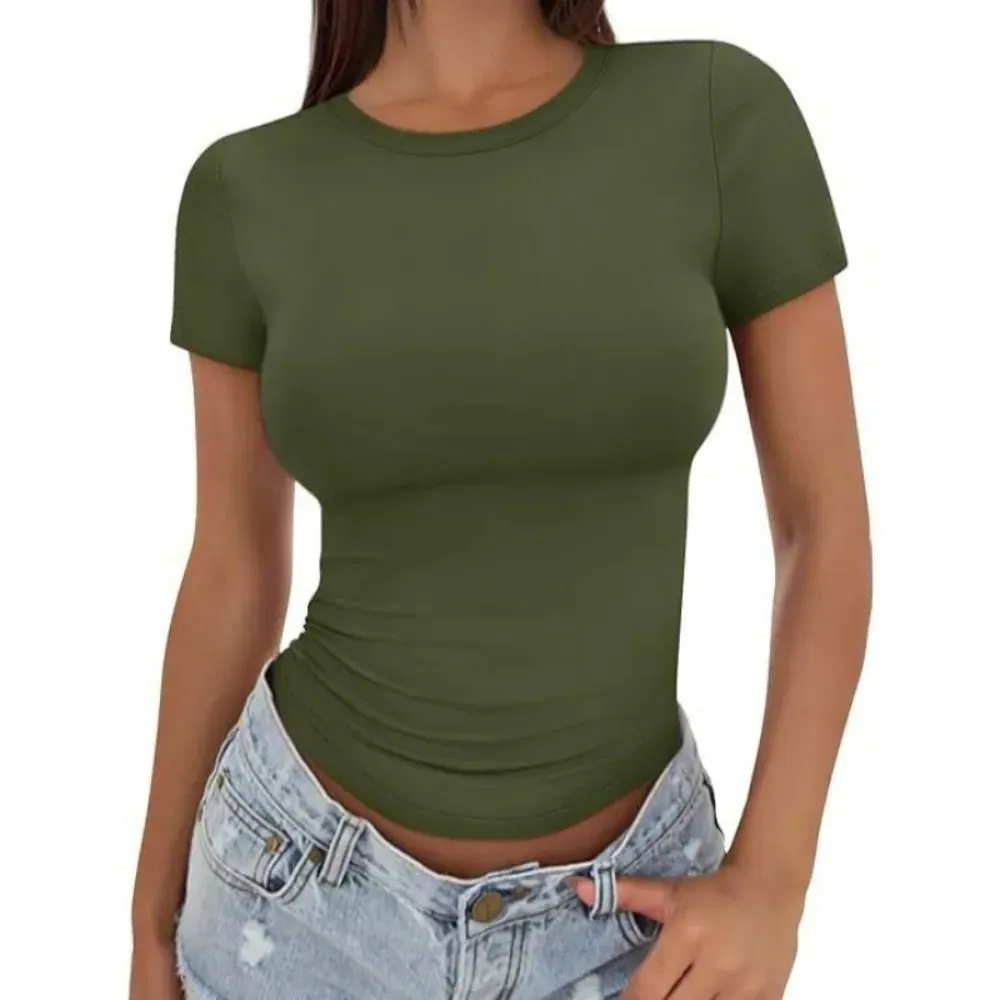 T-shirt aderente elasticizzata alla moda T-shirt morbida e traspirante T-shirt a maniche corte leggera in tinta unita stile streetwear — image 6