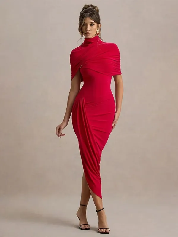 Irregular Pleated Ruched Maxi Dress Women's Backless Turtleneck Slim High Waist Robes Summer Lady Chic Street Vestidos 2025 New