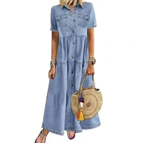 Retro Frauen Kleider 2022 Kurzarm Drehen Unten Kragen Taschen Taste Lange Lose Denim Kleid Sommer Langes Kleid — image 8