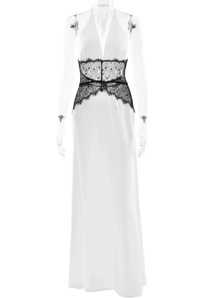MO Patchwork Sexy Deep V-neck Lace Halter Dress Maxi Wanita Gaun Malam Tanpa Belakang Putih Musim Panas Slim Elegant Party Dress — image 7