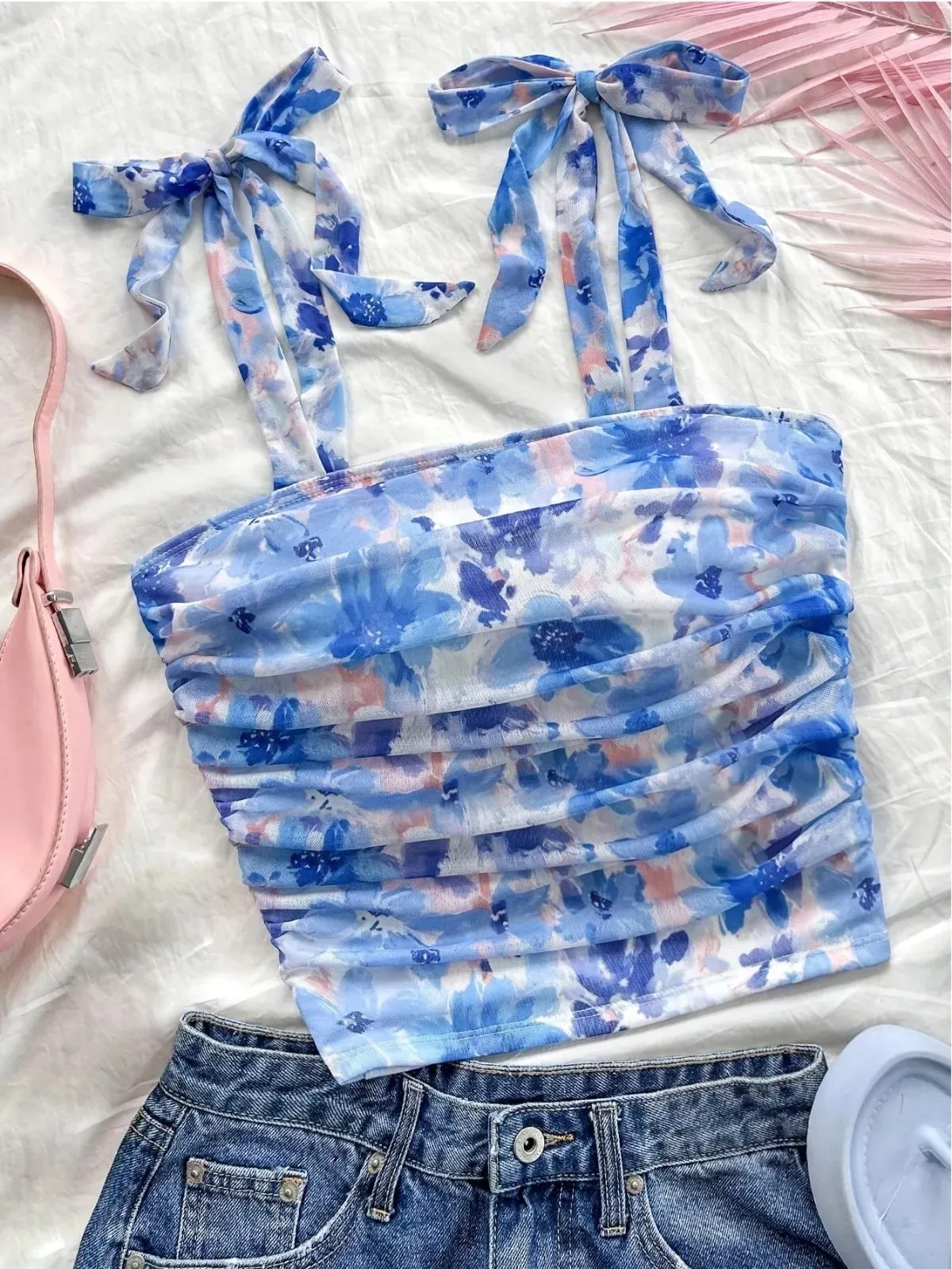 Chắc Chắn Thắt Vai Vải Xếp Dây Đeo Rộng Slim Fit Crop Top Nữ Mùa Hè 2025 Y2K Quần Áo Hồng Hở Lưng Cami Top Dạo Phố — image 10