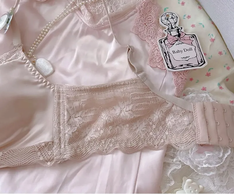 Pink princess thickened small chest big underwear female gathered modal latex lingerie panty suit bow no steel ring bra set — image 6