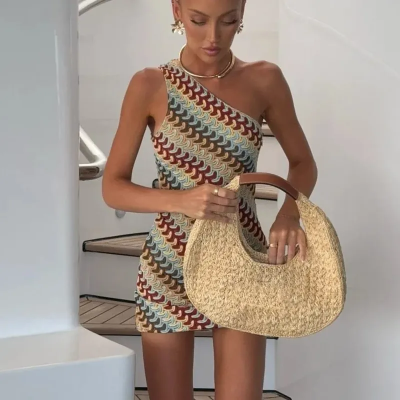Hirigin ไม่สม่ำเสมอพิมพ์ถักชุดมินิผู้หญิง Chic Backless ไหล่เอียง SLIM FIT ฤดูร้อน Holiday Beach Robes