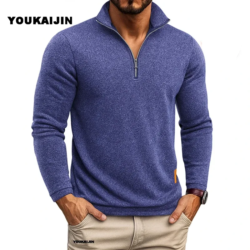 Sudaderas para hombre, jersey más grueso de primavera, jersey con cremallera de un cuarto para hombre, Sudadera con capucha para exteriores, sudadera de otoño, cuello alto de Color sólido