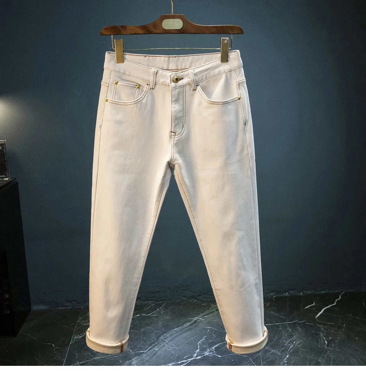 Jeans da uomo in pile invernale 2025 nuova tendenza semplici pantaloni a gamba larga casual spessi e caldi in tinta unita — image 9