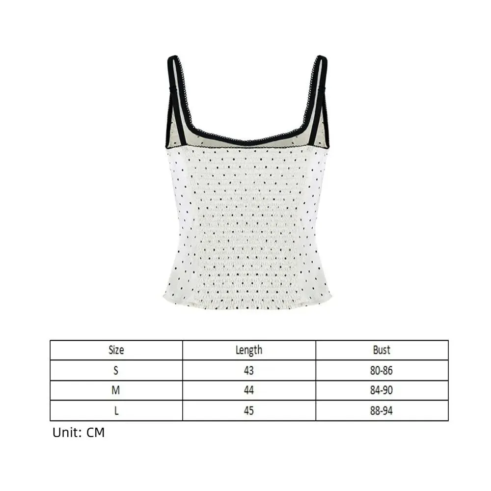 Street Chic สปาเก็ตตี้ Polka Dot Tank Top สแควร์คอ Slim Cropped แขนกุดผ้าไหมเสื้อกั๊ก Off-ไหล่ลูกไม้ Camis หญิง — image 7