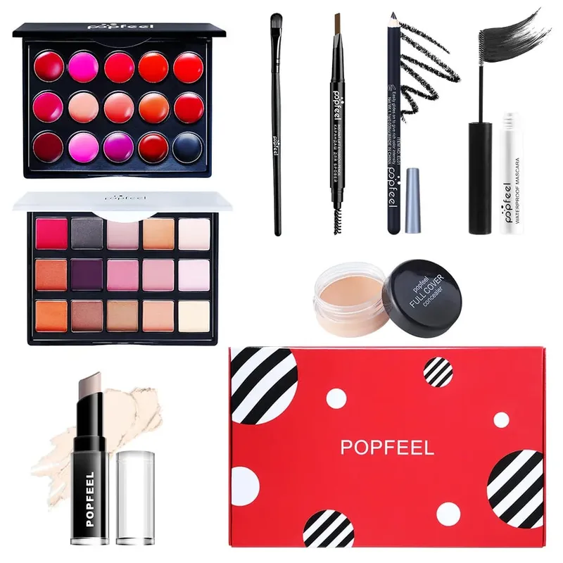 Dárková sada na make-up All-in-One s paletou očních stínů Foundation Lip Gloss štětce na oční linky a další kosmetické dárky