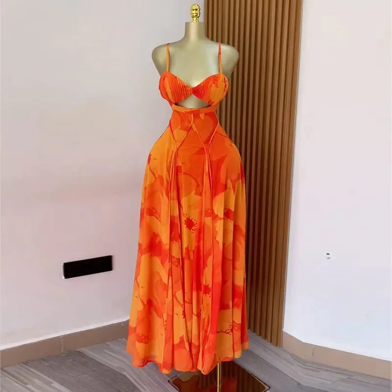 CM.YAYA Donne Stampato Floreale Cinghia Backless Reggiseno Anteriore Grande Altalena Maxi Abito Lungo 2025 Vintage Sexy Club Abiti Da Sera Del Partito