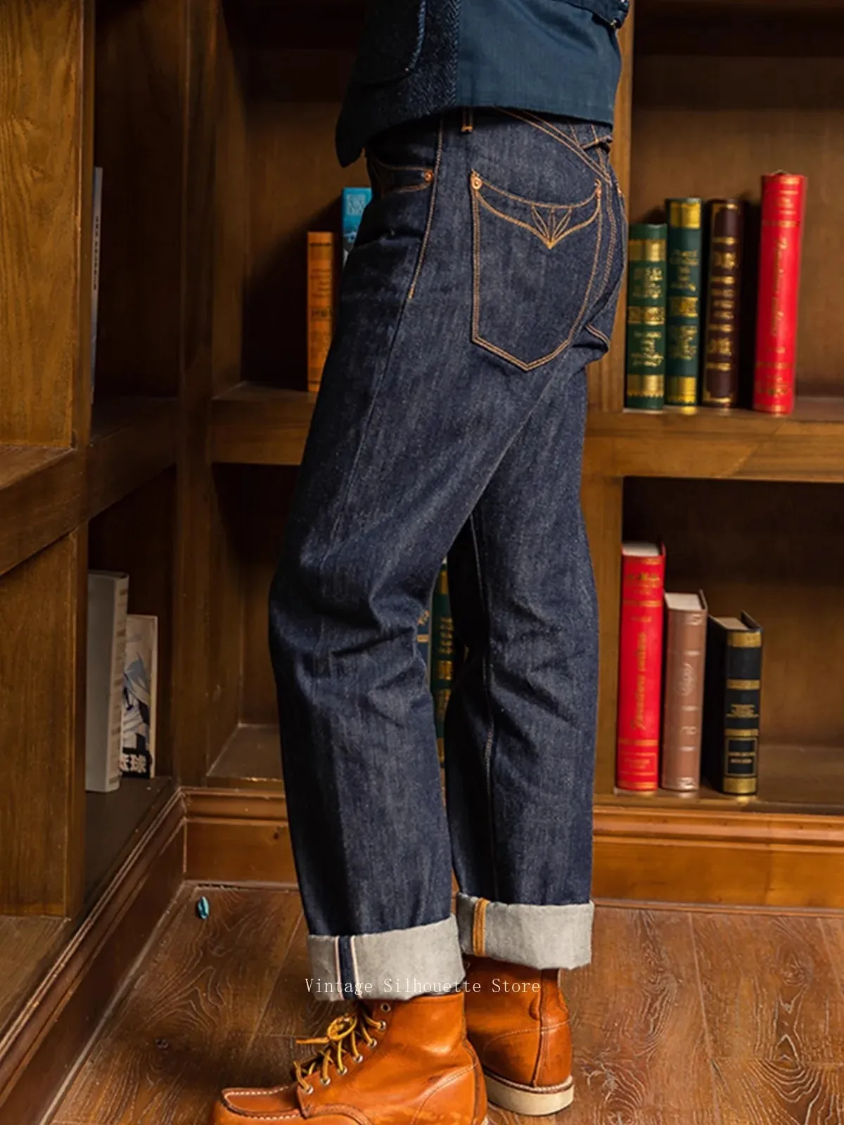Jean rouge Tornado 350 Selvedge avec poches et coutures avec boucle au dos, pantalon en denim brut 14oz — image 2
