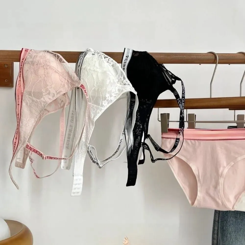 Comfortable Letter Design Lingerie Set Deep V Lace Women Underwear Suit Color Blocking Wireless Bra Panties Set Daily — image 2