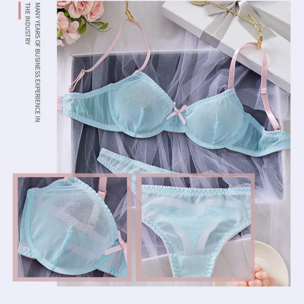 Conjunto de lencería Sexy de encaje ligero semitransparente con tiras finas y empalme de malla azul para mujer — image 6