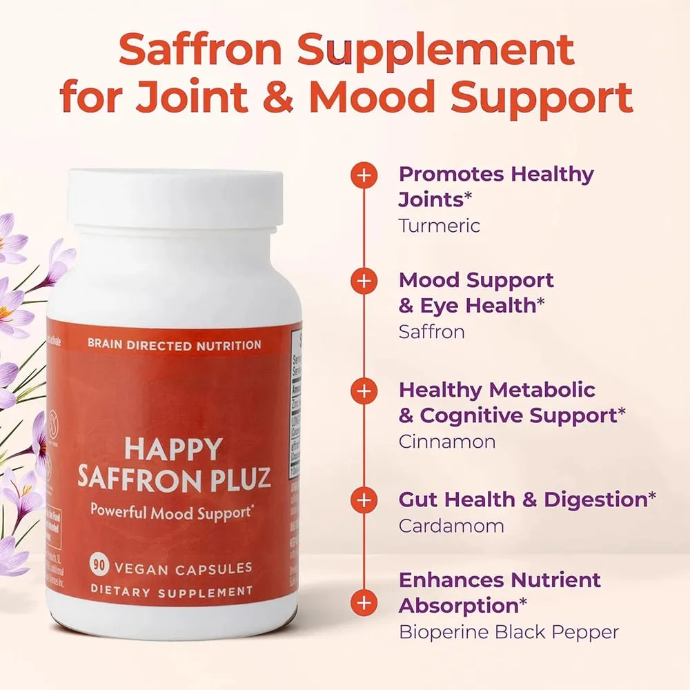 Suplemen Happy Safron Ekstrak Safron untuk Mood & Memori Kesihatan Mata - Suplemen Sendi untuk Wanita & Lelaki - 90 Kapsul Vegan — image 4