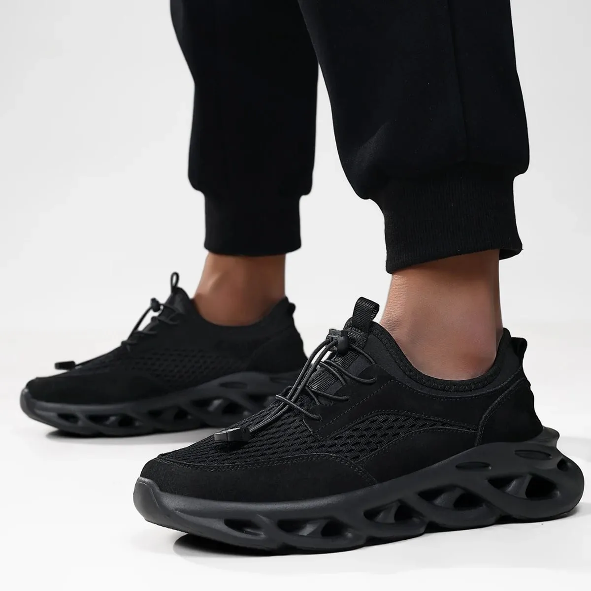 Comfortabele heren wandelschoenen effen zwarte mode