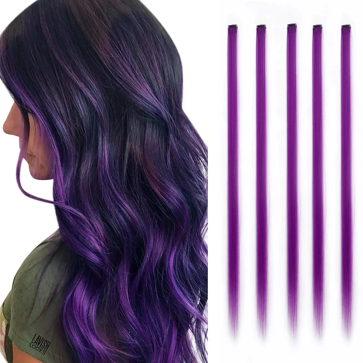 Synthetic 5PC Colored Hair Extensions 22Inch Straight Clip in Christmas Extension Rainbow Party Highlights Hairpiece for Girls — image 9