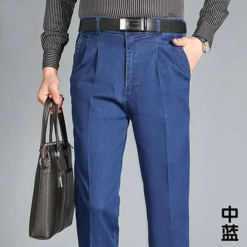 Primavera e verão jeans de meia-idade high-end elástico solto de cintura alta jeans masculino pai calças jeans de negócios — image 10