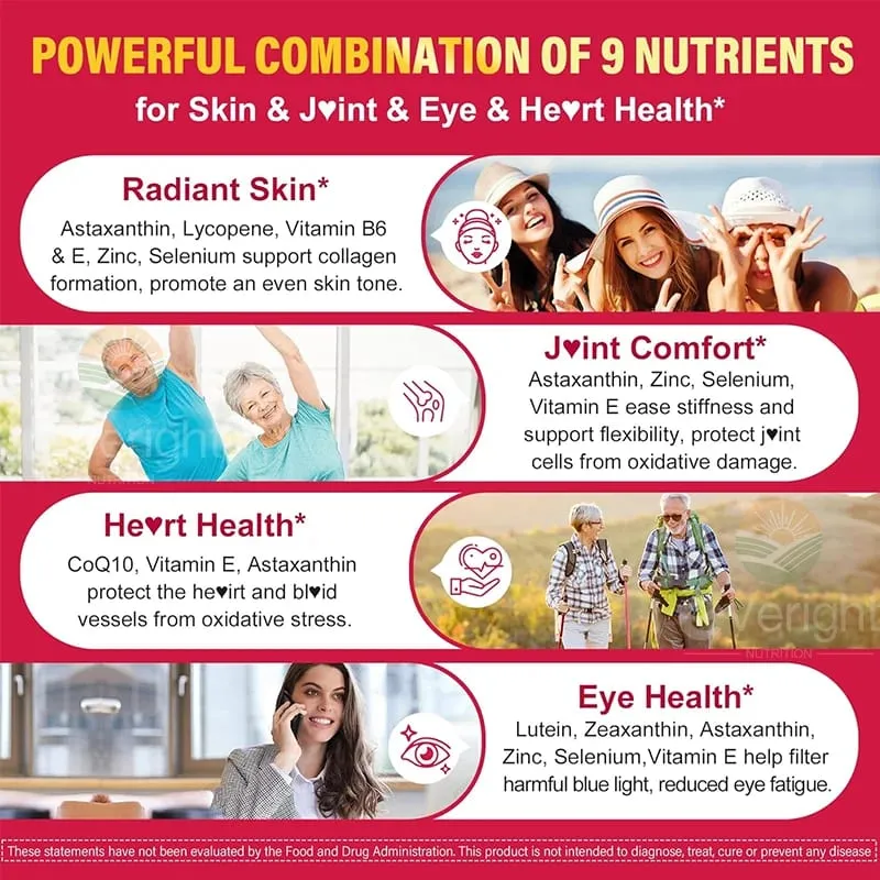 Liposomal Astaxanthin อาหารเสริม Lycopene CoQ10 Lutein วิตามิน B6 E สังกะสีสารต้านอนุมูลอิสระเพื่อสุขภาพผิวดวงตา Aging — image 2