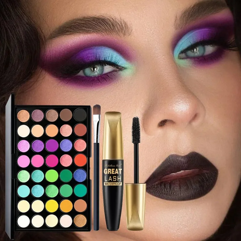 3pcs Set Solek untuk 40 Warna Palet Pembayang Mata Pelangi+Maskara Hitam dengan 1pc Berus 3 Dalam 1 Kit Solek Untuk Pesta Harian Harian — image 3