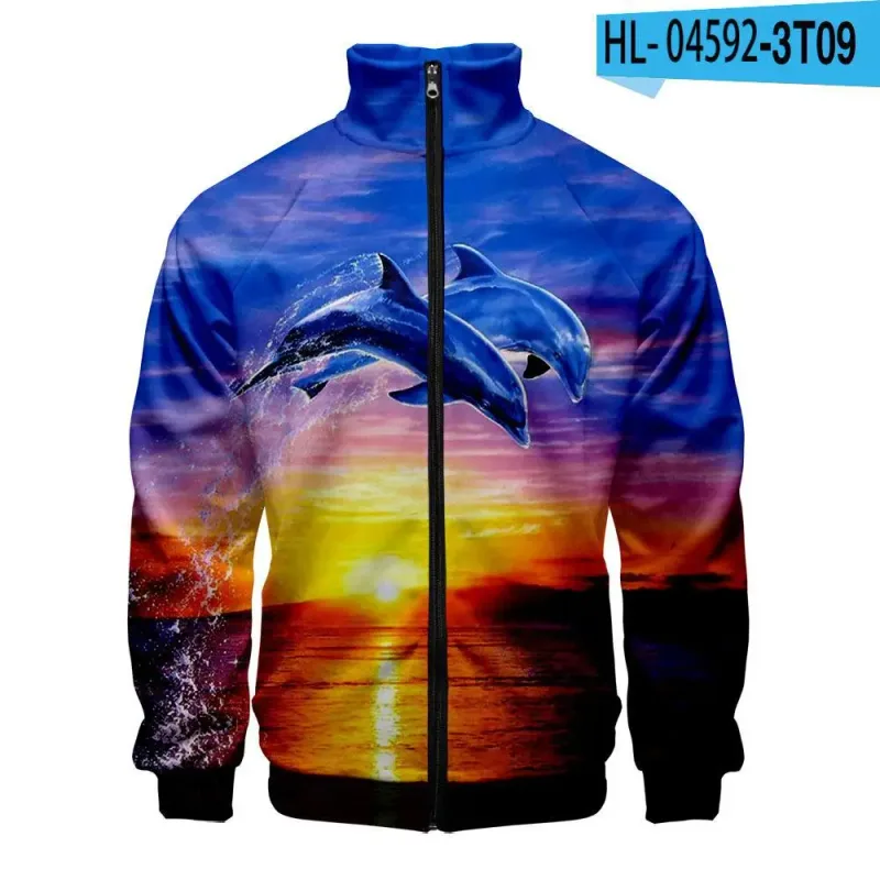 Harajuku Popular Novelty dolphin 3D Print Zipper Raglan Jacket Windbreaker Boys/Girls Comfortable Stand Collar Jackets Coats