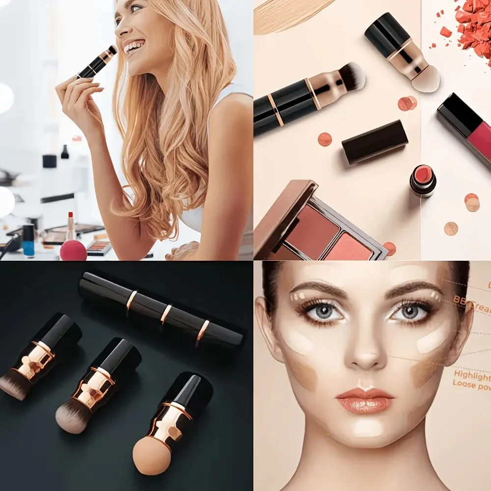Tragbarer 3-in-1-Mini-Make-up-Pinsel mit Staubkappe, abnehmbarer Schwamm, abgewinkelte Grundierungs- und Puderköpfe, bionisches Haar, robustes Aluminium — image 4