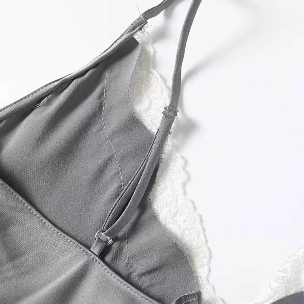 Casual Enfärgad spets Patchwork Tankar Spaghetti Rem Andas Satin Camisole Ärmlösa V-ringad Toppar Party Outfit — image 5