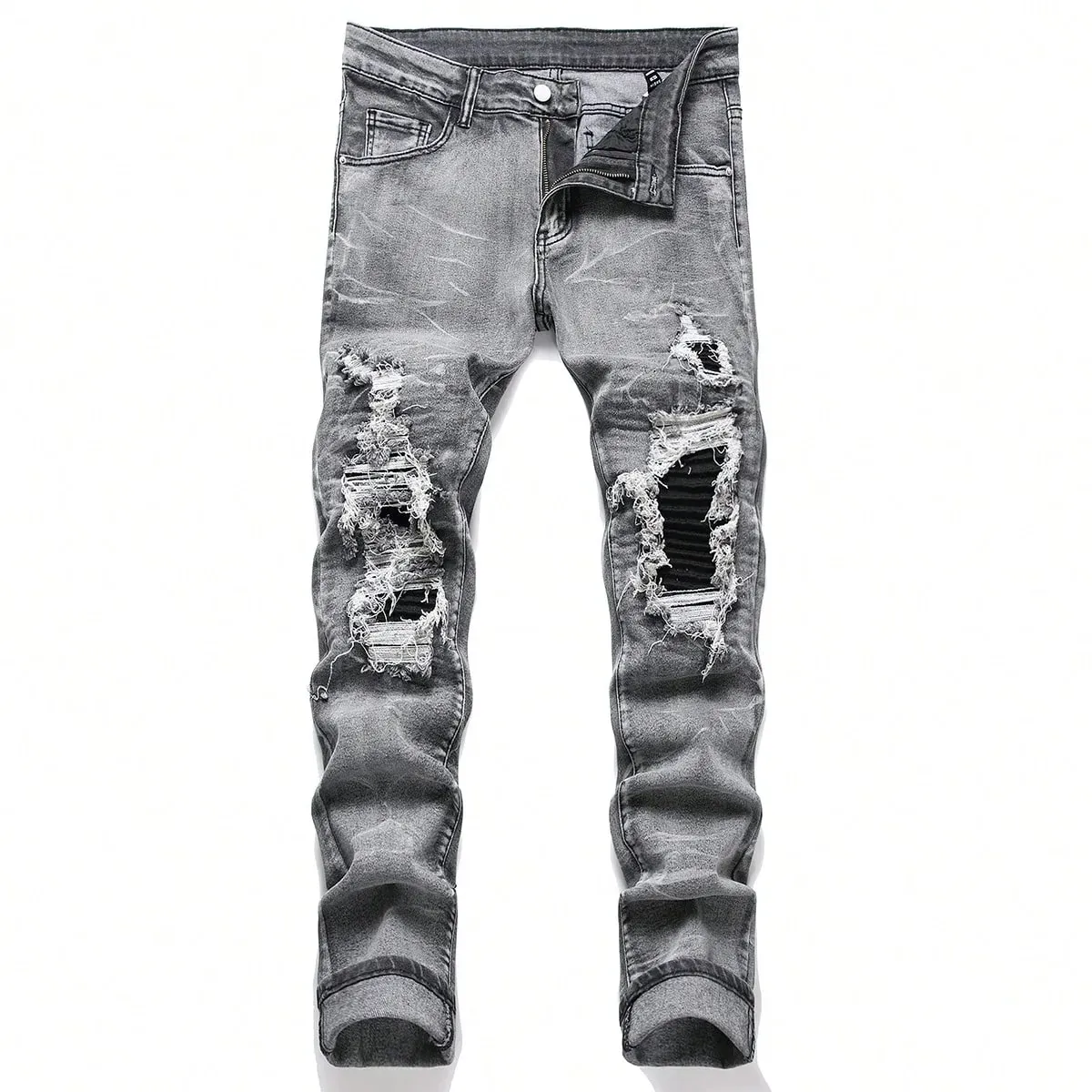 Jean en Denim extensible pour hommes, Streetwear, trous en Patchwork déchiré, taille élastique, pantalons décontractés, coupe Slim, pantalon droit