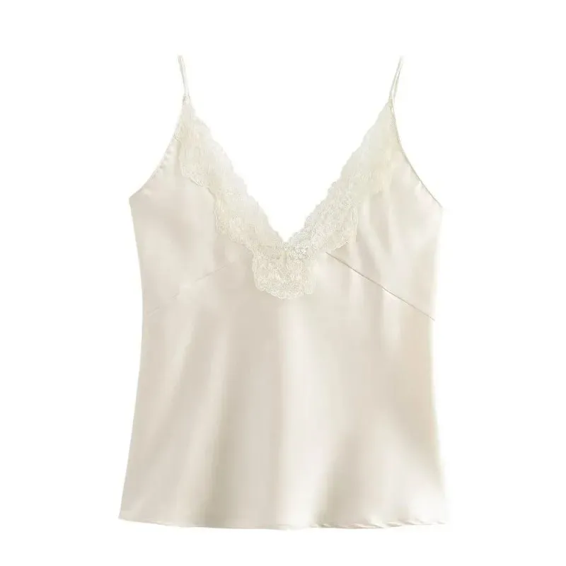 Frauen Spitze Patchwork Tanks Tops Satin V-ausschnitt Solide Ärmellose Leibchen Sommer Frauen Spaghetti Strap Mini Tops Mode Dünne Camis