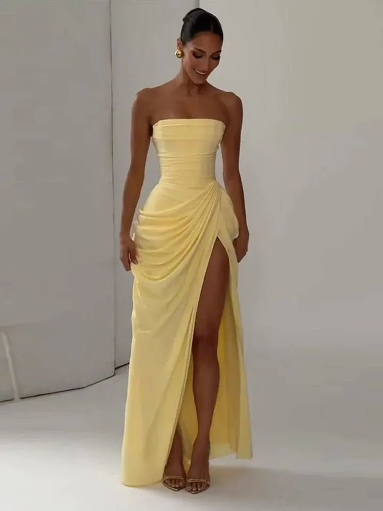 Seksi Pepejal Pleated Strapless Dress Wanita Chic Off-shoulder Backless High Waist Split Dresses Wanita 2026 Baharu Gaun Pesta Petang — image 3