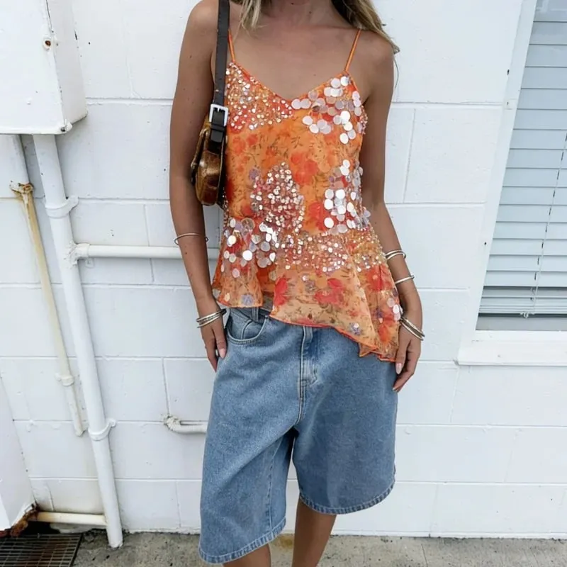 Y2k Floral Pailletten Patchwork Crop Tops für Frauen Sparkly Strappy Tank Tops Sexy V-ausschnitt Top Konzert Outfits Party Beachwear — image 5