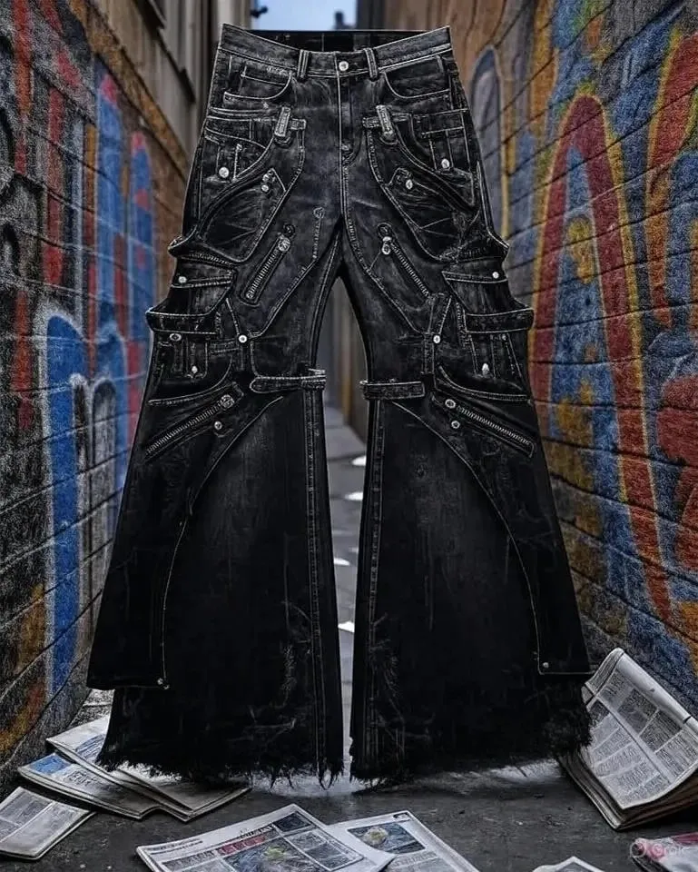 Jeans cargo multitasche streetwear goth punk Pantaloni da uomo svasati in denim nero effetto consumato con cinturini Cerniere Borchie Bordi sfrangiati