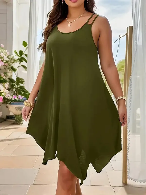 Plus Size Womens Solid Strappy Asymmetrical Hem T Shirt Midi Dress Ladies Sleeveless Casual Loose Summer Holiday Sundress XL-5XL — image 2