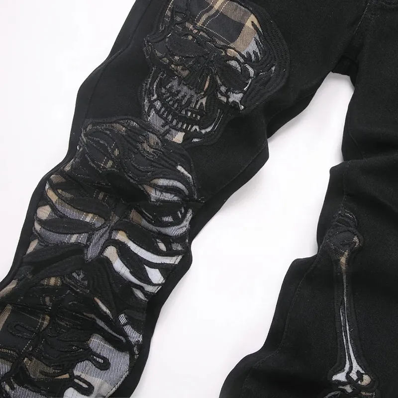 Men Skull Stretch Denim Jeans Punk Black Slim Boot Cut Pants Streetwear Devil Embroidery Patch Flared Trousers — image 3