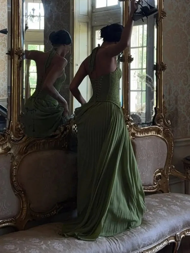 Verde Chic Corsetto Halter Abito lungo Donna Solid Backless Off Spalla Pieghettato Patchwork Abiti slim 2026 Abito da donna Nuovo — image 4