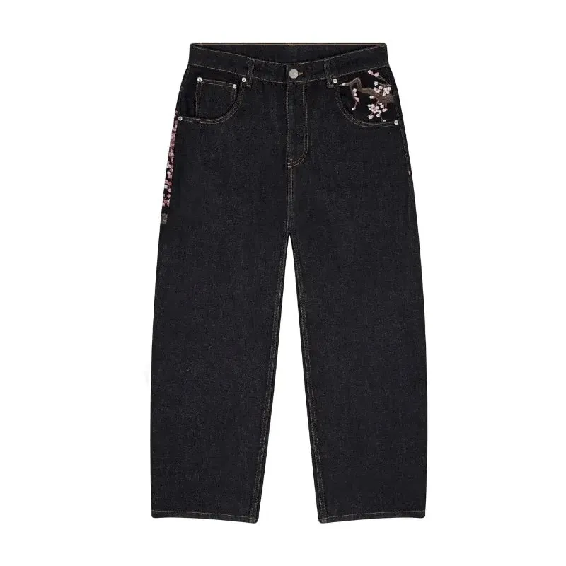 Y2K Baggy Jeans Cherry Blossom Embroidery Denim Pants Men Women American Hiphop Streetwear Wide Leg Denim Trousers — image 6