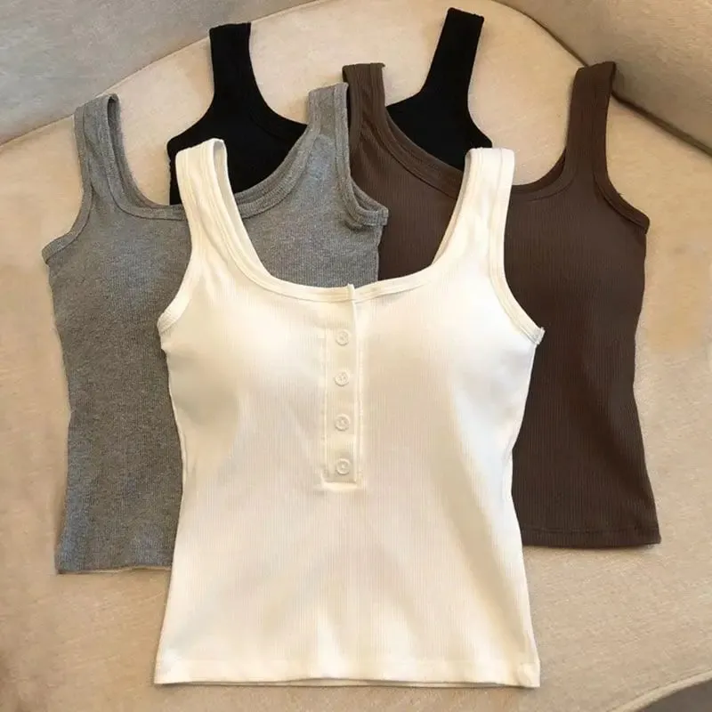 1-teiliges geripptes Henley-Tanktop für Damen mit quadratischem Ausschnitt und Knopfleiste vorne, integrierter BH, ärmelloses Leibchen — image 9