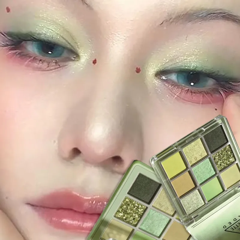 Palet Eyeshadow 9 Warna Matte Hijau Mint Kosmetik Rias Mata Bubuk Eyeshadow Hutan Berkilau Mutiara Tahan Air Tahan Lama — image 2