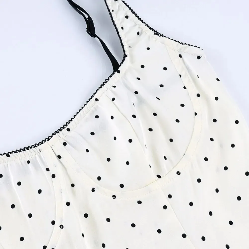 Street Chic สปาเก็ตตี้ Polka Dot Tank Top สแควร์คอ Slim Cropped แขนกุดผ้าไหมเสื้อกั๊ก Off-ไหล่ลูกไม้ Camis หญิง — image 6