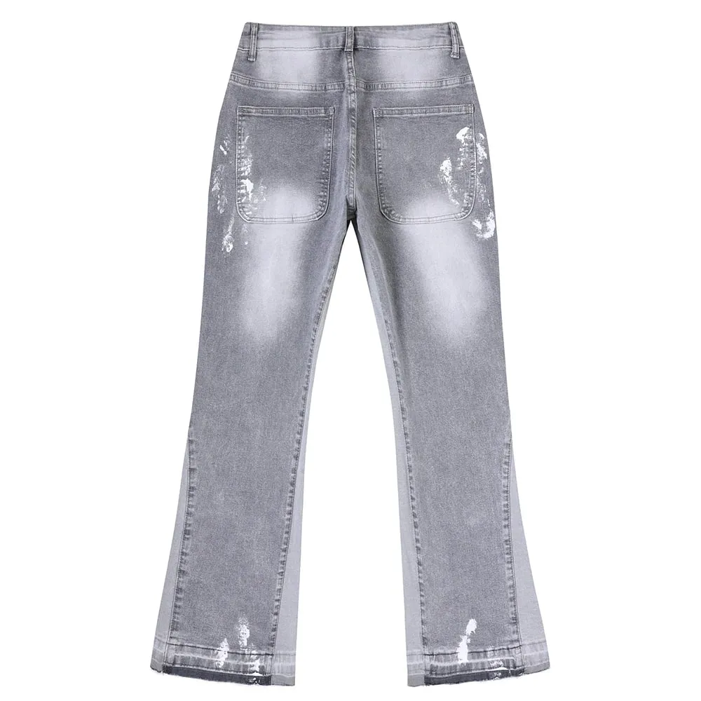 ผู้ชายทาสี Flared Denim กางเกงยีนส์ Spliced Slim Boot Cut กางเกง Vintage ผ้าฝ้ายสีเทาเปิดตัว Hem กางเกง — image 2