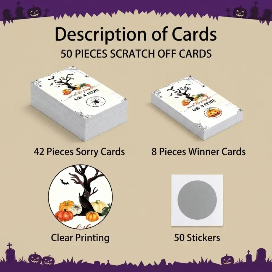 50 cartes à gratter Halloween Thème Citrouille Jeux de fête d'Halloween Grattez pour gagner ! — image 6
