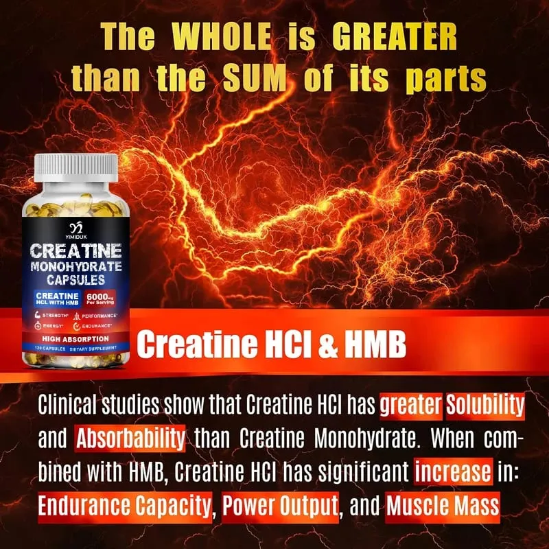 Creatine Monohydrate 6000mg Kapslar med Creatine HCL & HMB Boost Lean Muscle Förbättra träningsuthållighet Lättare muskeltrötthet — image 7